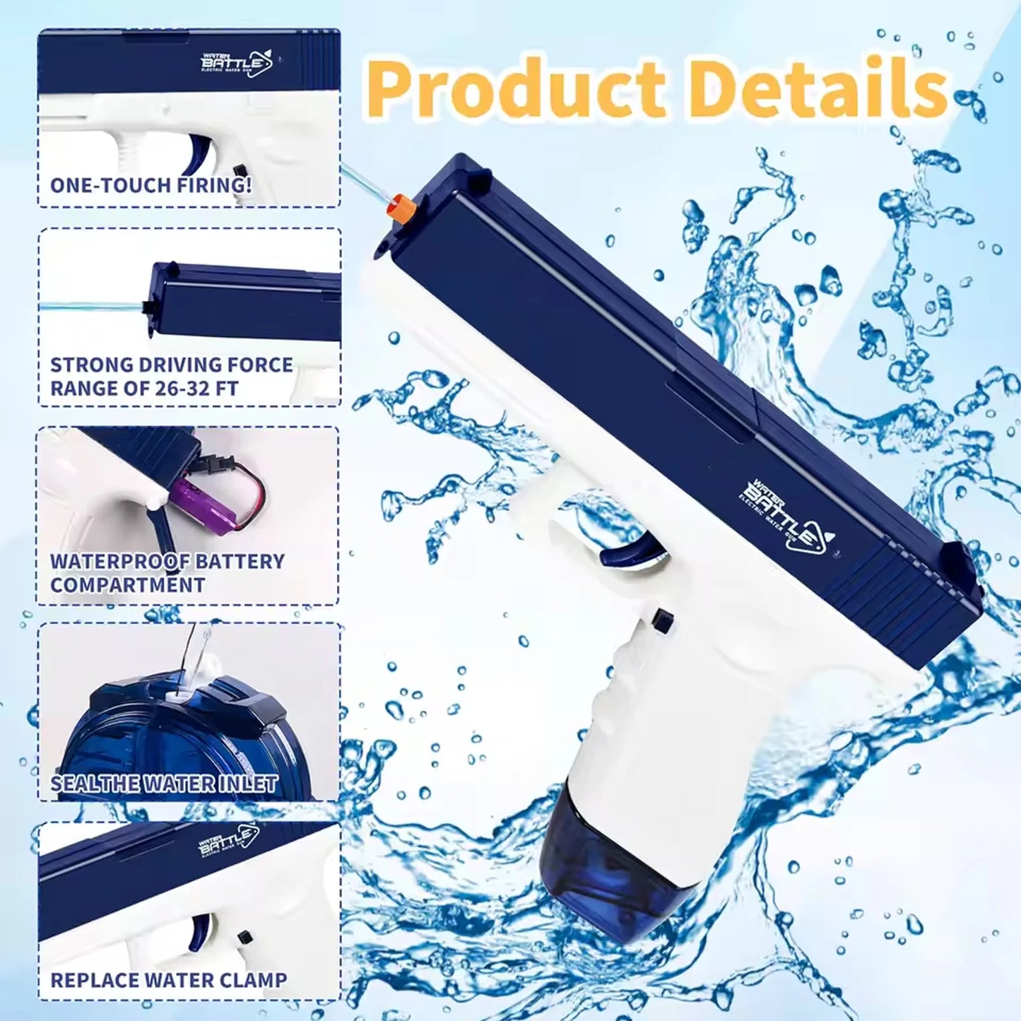 Rechargeable Electric Water Gun with Automatic and Manual Spray Modes, Effective Range up to 32 Feet for All Ages